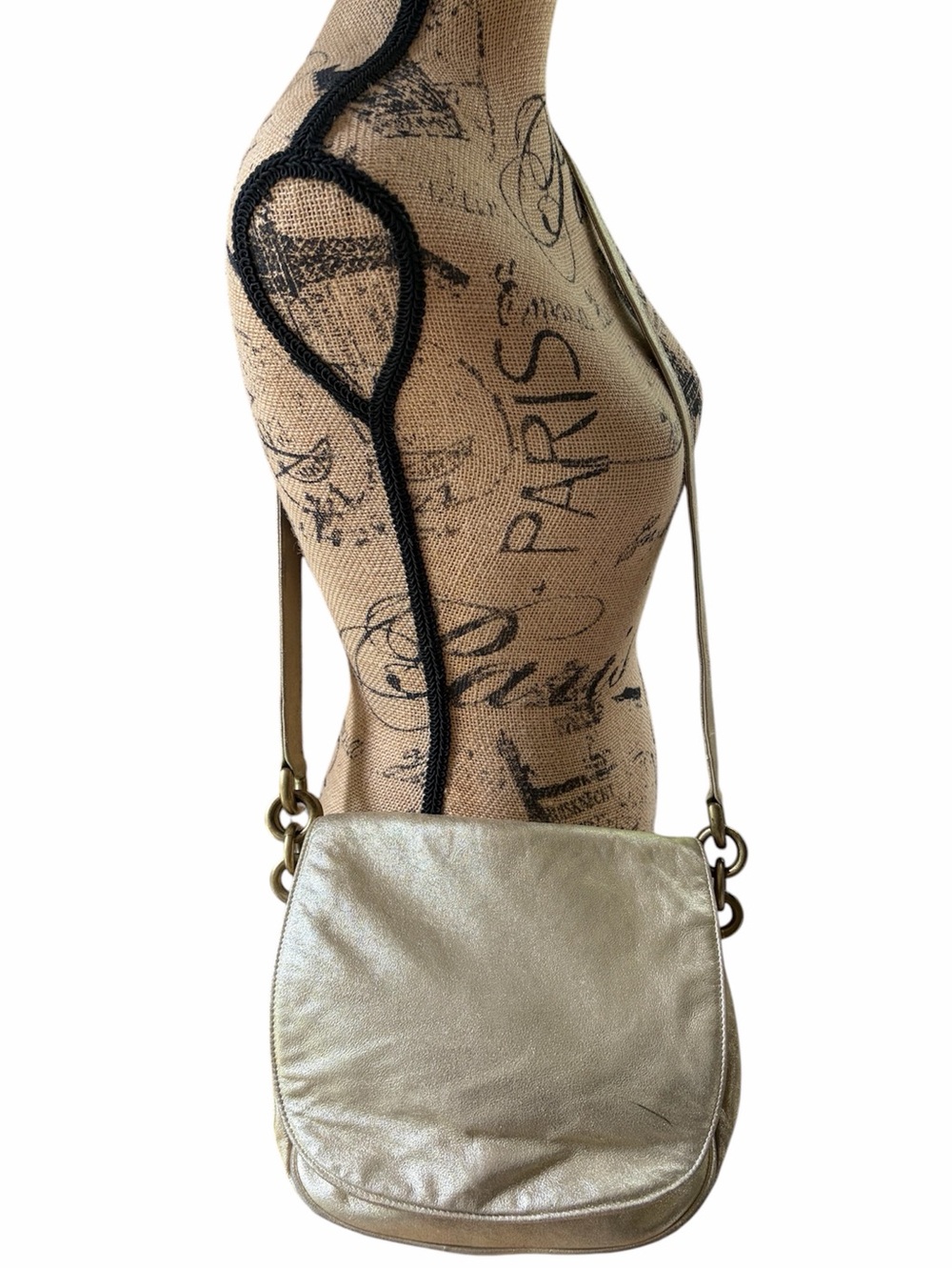DKNY Vintage Metallic Gold Soft Leather Crossbody Shoulder Flap Front Saddle Bag